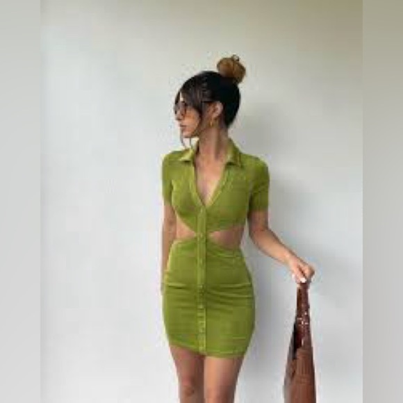 Runaway Dresses & Skirts - Runaway Claudia Mini Collared Button Front Waist Cut Out Grass Green Dress 6